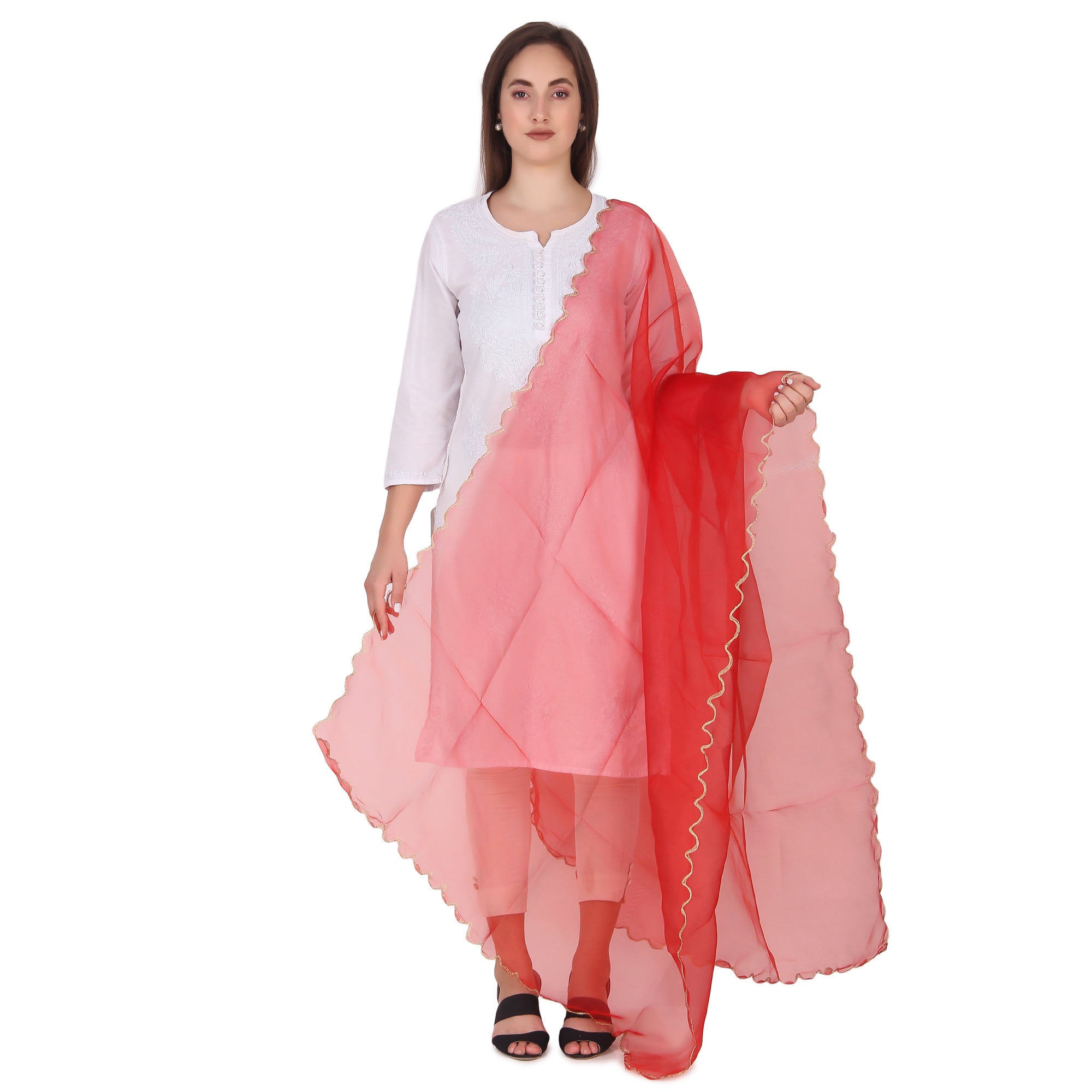Elegant Pink & Red Organza Dupatta with Four-Side Scallop Cut Work