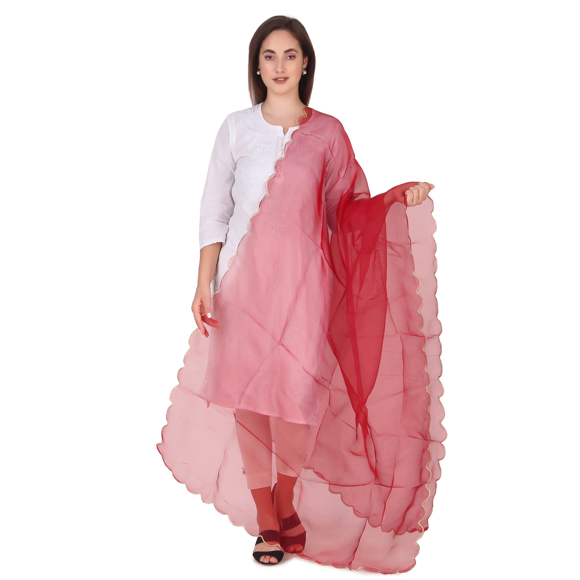 Elegant Pink & Red Organza Dupatta with Four-Side Scallop Cut Work