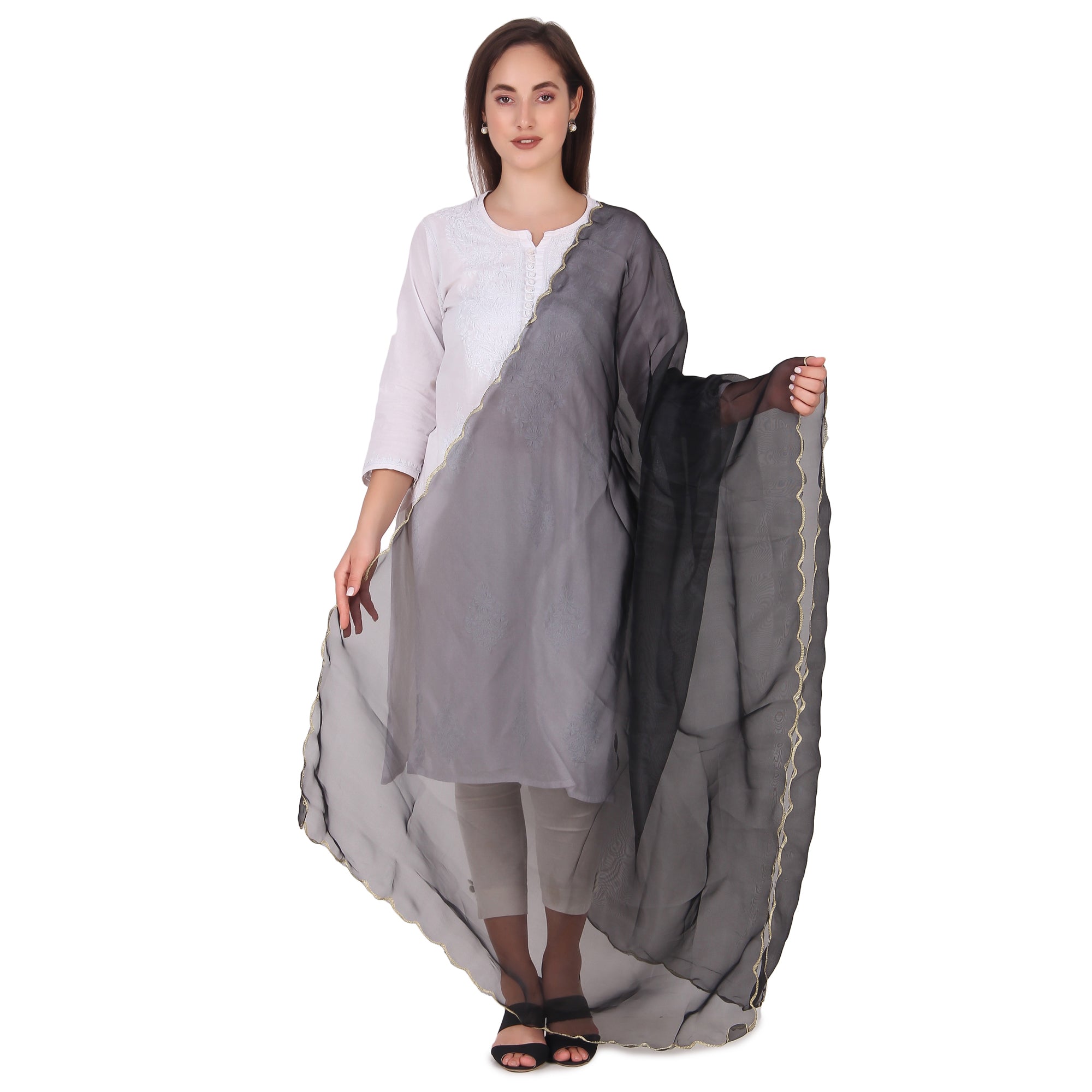 Elegant Pink & Red Organza Dupatta with Four-Side Scallop Cut Work