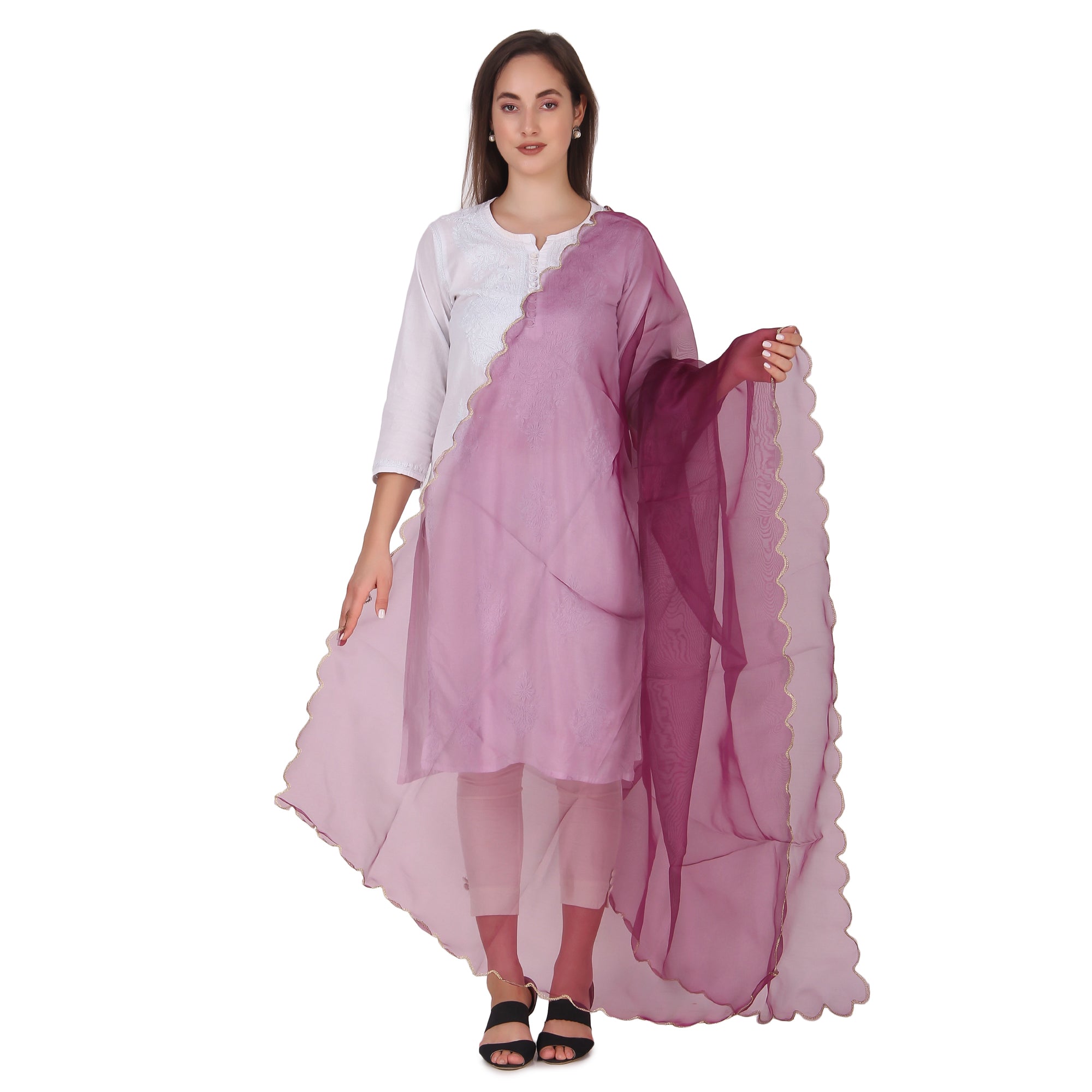 Elegant Pink & Red Organza Dupatta with Four-Side Scallop Cut Work
