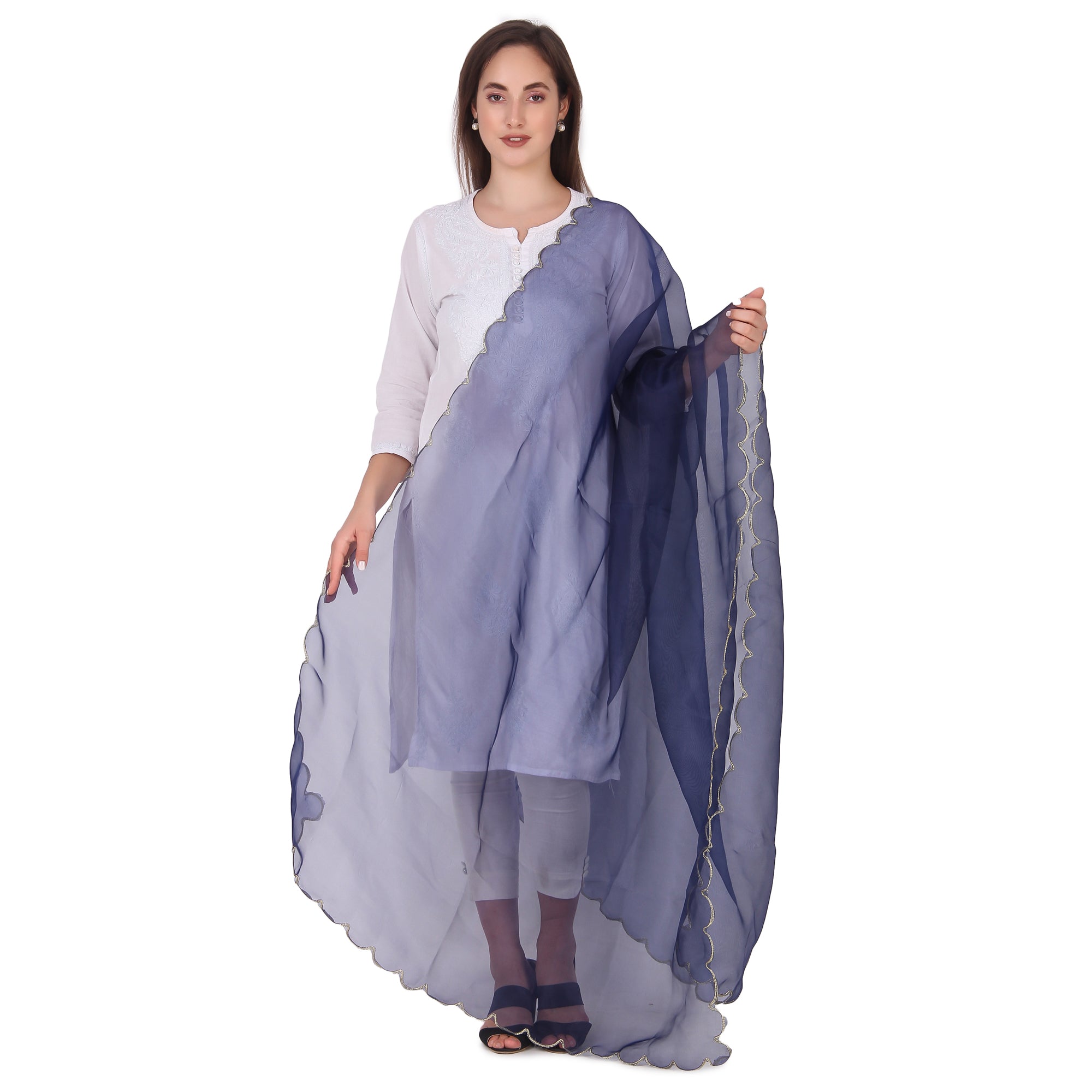 Elegant Pink & Red Organza Dupatta with Four-Side Scallop Cut Work